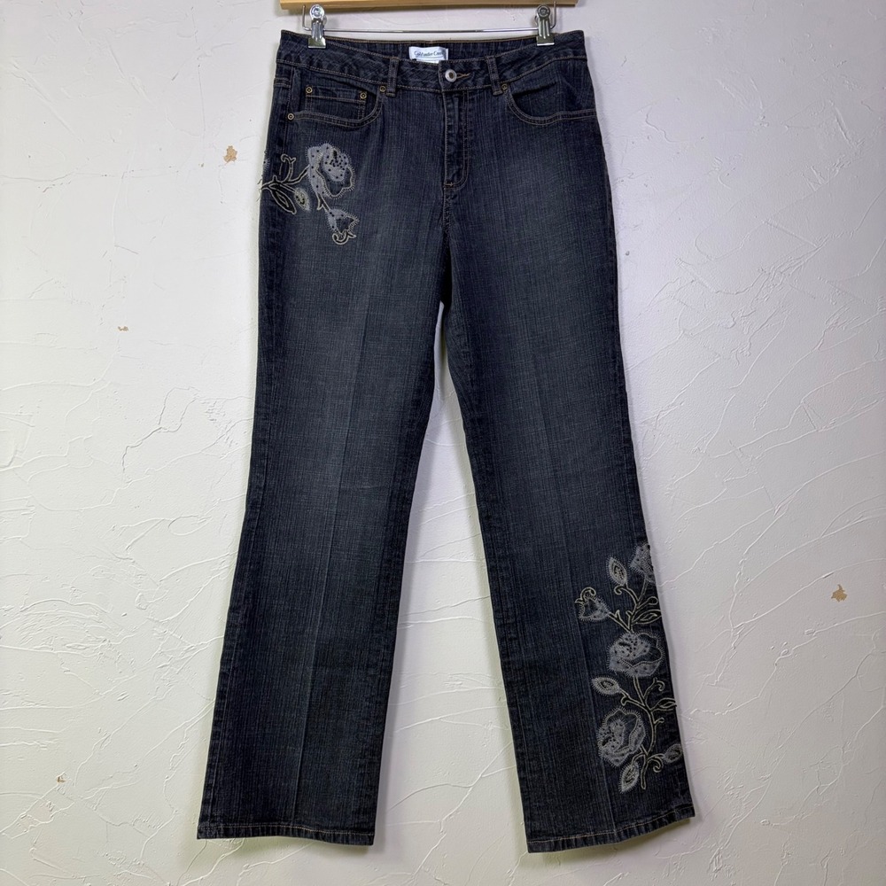 Coldwater Creek Embroidered Floral Jeans Womens 12 Black Denim Straight Leg‎ Y2K